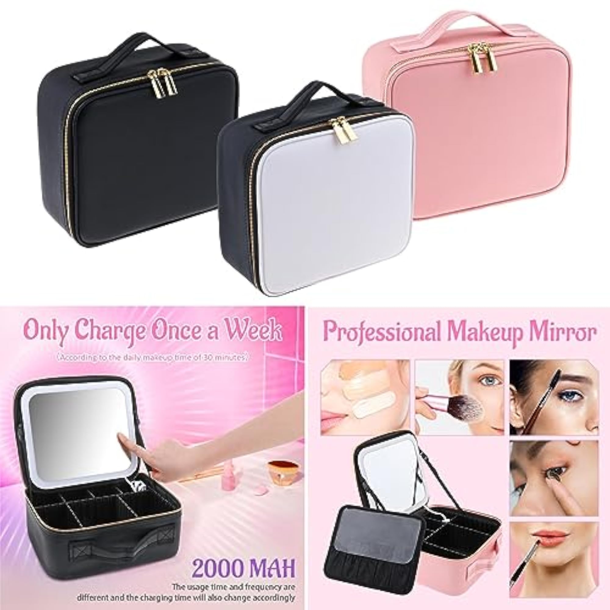 Travel Makeup Train Case with Mirror and Lights, Portable Pink