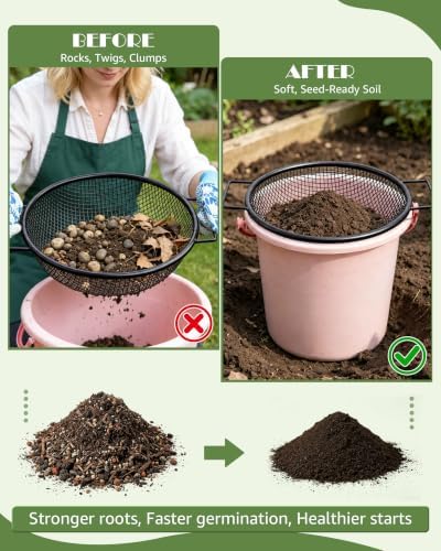 3Pcs Soil Sifter for Gardening with Handle, 1/4in,1/8in Mesh Rock Sifter for 5 Gallon Bucket, Stainless Steel Compost Dirt Sifter, Garden Sieve for Gravel Sawdust Vermicompost Black — 사진 4