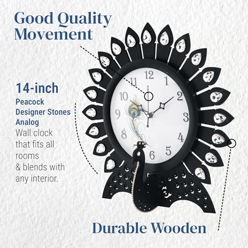 Image of Kuber Industries 14 Inches Wooden Peacock Designer Stones Analog Wall Clock | Vintage Interior Home and Office Decor, Living Room, Bedroom | Black