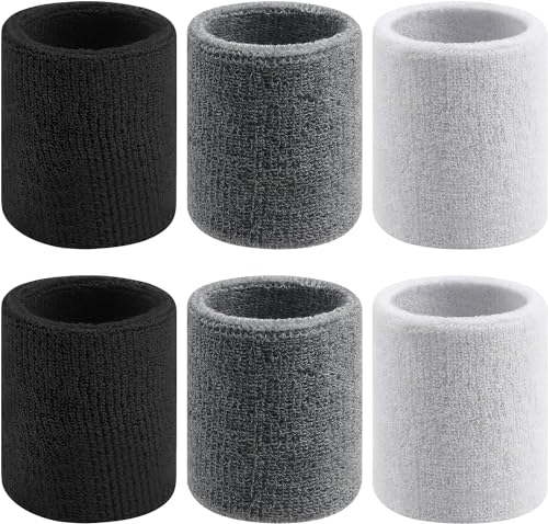 SULOLI 6pcs Sport Bandeau Poignet Sport Serre Poignets Coton Protège Poignet pour Tennis, Football, Basket-Ball, Course à Pied(Noir,Blanc,Gris)