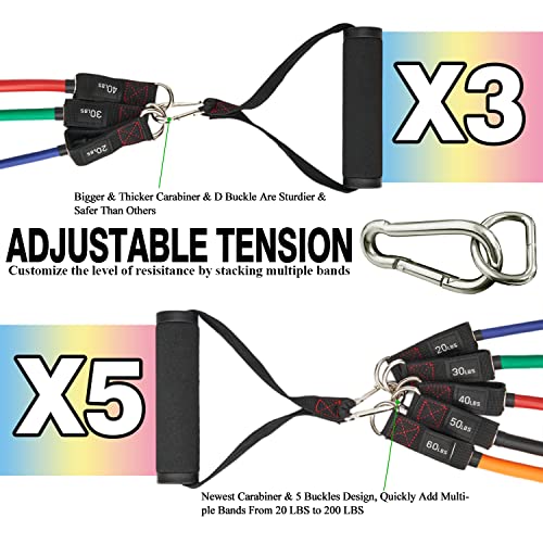 Thefitlife Exercise Resistance Bands With Handles - 5 Fitness Workout Bands Stackable Up To 110/150 Lbs, Training Tubes With Large Handles, Ankle Straps, Door Anchor Attachment, Carry Bag (200Lbs) #TOP1