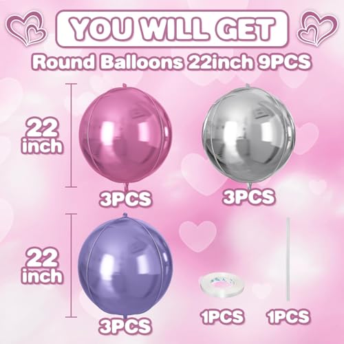 Image of 9 Pcs Pink Purple Silver Round Foil Balloons,22 Inch Round Balloons
