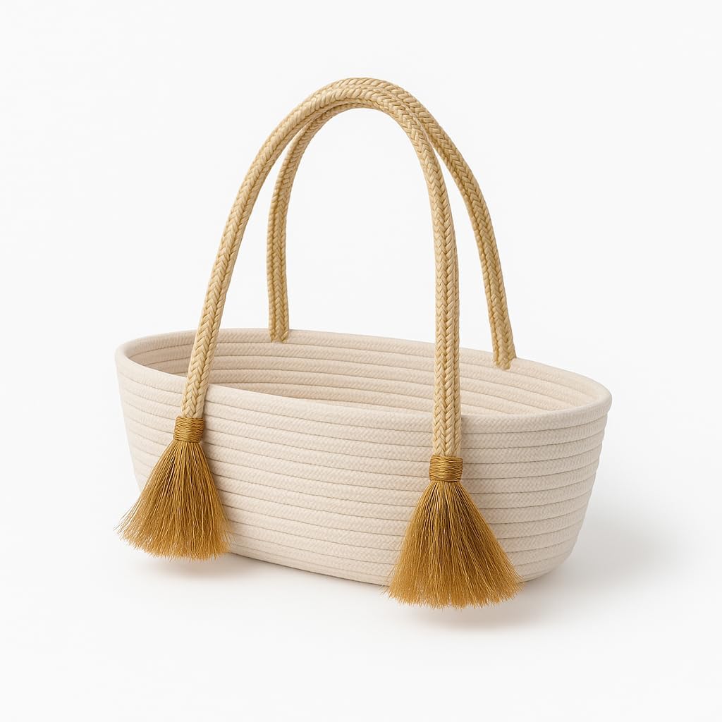 AN Enterprises Woven Rope Tote Basket Bag with Tassel Handles – Large Cotton Rope Storage Basket for Home, Beach, Market, Nursery – Decorative Handbag for Women (Golden Handle)-image-43