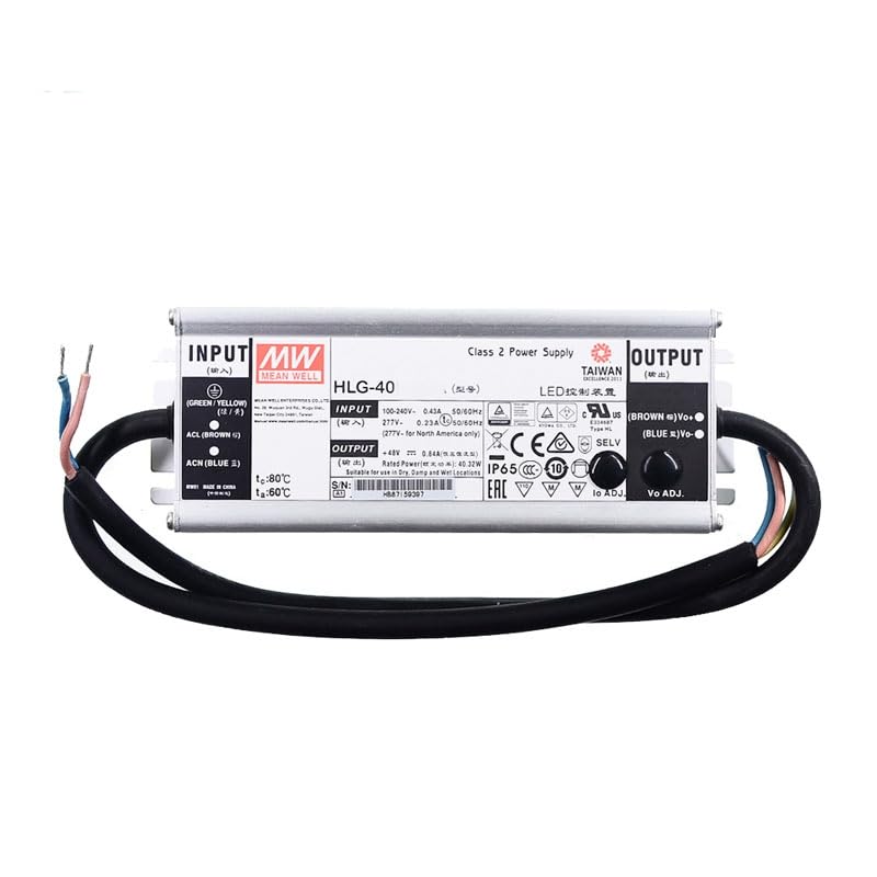 MEAN WELL HLG 40W 36V 1.12A LED Driver， HLG-40H-36A Switching Power Supply Converter Transformer with IP67, PFC Function, Metal Case, Constant Voltage/Current