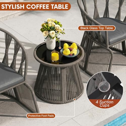 Image of DEVOKO Outdoor Rope 3-Piece Patio Furniture Set with Cushions & Glass Top Table, All-Weather Balcony Chairs Set for Garden & Lawn (Grey & Dark Grey)