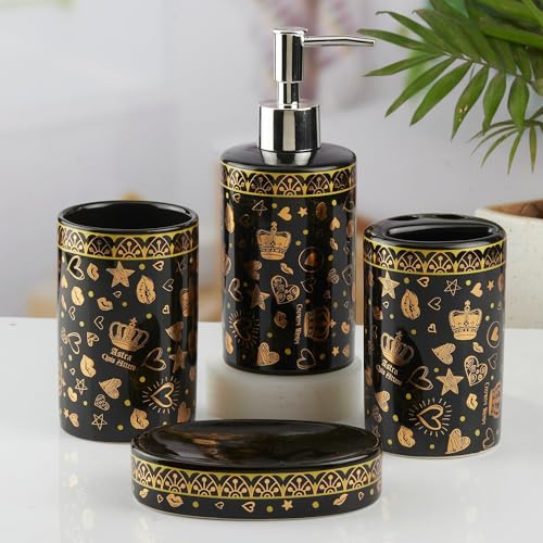 Image of SaSaSa Ceramic Bathroom Accessories Set of 4 Modern Bath Set with Soap Dispenser & Toothbrush Holder, Luxury Home & Gift Idea, Black /Gold (10462)