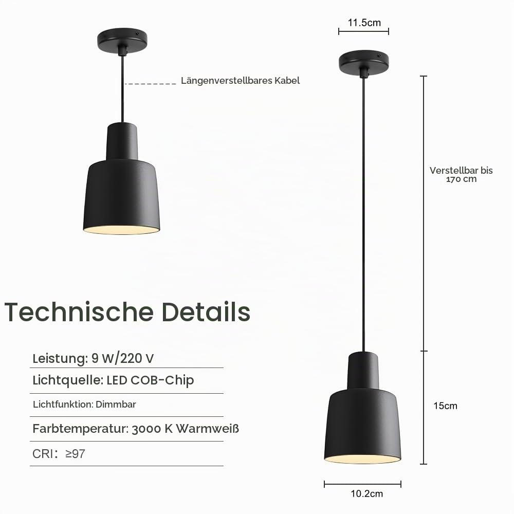 Aisilan LED Pendelleuchte Schwarz Dimmbar Pendellampe Höhenverstellbar 9W COB CRI97 Flicker-Free 3000K Hängeleuchte Aluminium für Küche Esstisch Schlafzimmer