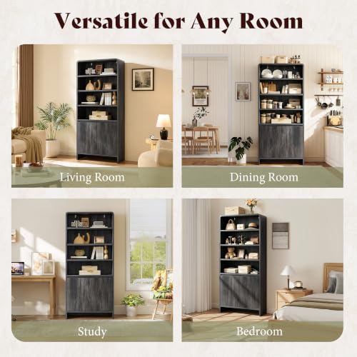 Image of AMERLIFE 71 inch Modern Bookcase Set of 2 with Storage Cabinets, Black | 2 Pieces Bookshelf Set, Storage Cabinets with Adjustable Shelves, Curved Design, Ideal for Living Room, Bedroom, Home Office