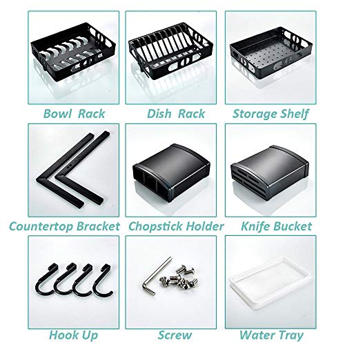 Estante de almacenamiento de acero inoxidable con bandeja de goteo, escurridor de platos para platos, tazas, vasos y cubiertos, diseño sobre el fregadero