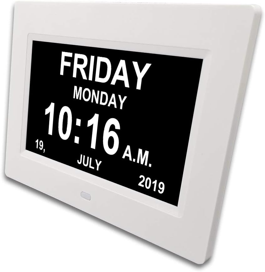 Uwant Mall Digital Day Calendar Alarm Clock-12 Alarms,Non-Abbreviated Day & Month Memory Loss,Dementia,Alzheimer's Vision Impaired Clock for Elderly/Seniors (7'' White)