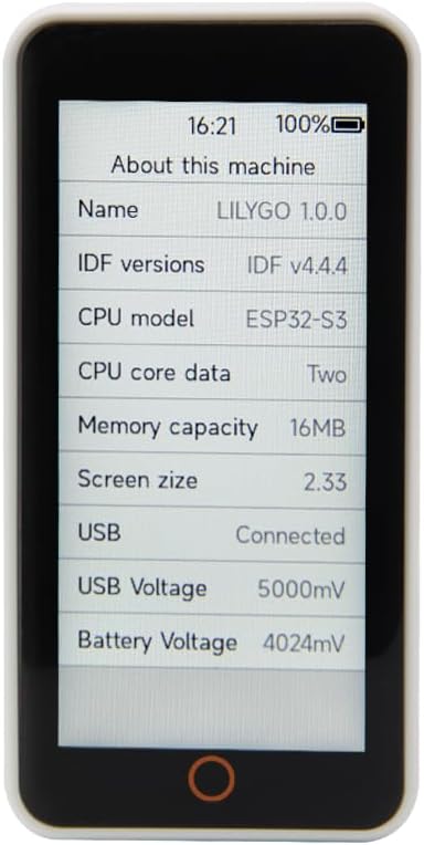 Přední view LILYGO T-Display-S3-Pro zobrazuje systémové informace na obrazovce
