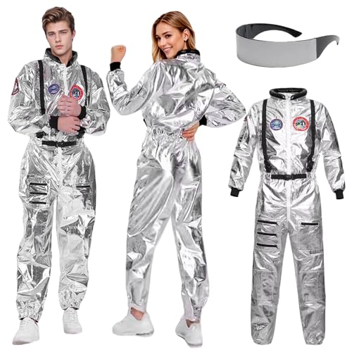 Fato de astronauta para adultos, fantasia de astronauta, macacão para homem, menino e mulher, fato de astronauta, para carnaval e Halloween (prata, L)