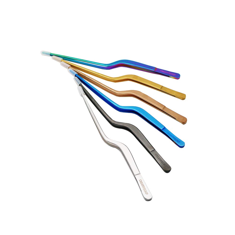 CREATIVECHEF 8 Inch Curved Stainless Steel Precision Kitchen Cooking Multi-function Tweezers Culinary Offset Tweezer Tongs (Curved, Blue)