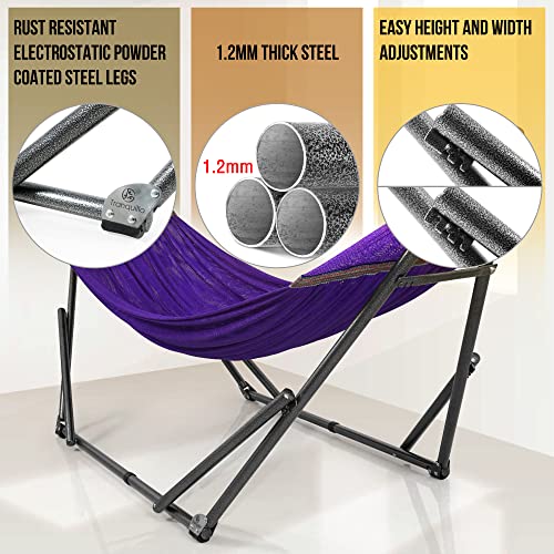 Tranquillo Double Hammock With Stand Included 30 Seconds Set Up For 2 Persons/Foldable Hammock Stand 550 Lbs Capacity Portable Case, Inhouse, Outdoor, Camping, Purple #TOP3