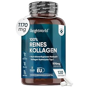Weightworld Kollagen Kapseln – 1170mg pures Marine Collagen – 120 Capsules – NatiCol Meereskollagen Hydrolysat Typ1 – Laborgeprüft in Deutschland – Mit Reines Kollagen Protein Pulver