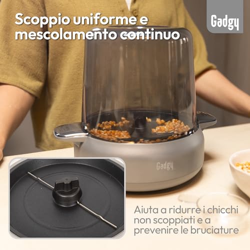 Gadgy Macchina Per Popcorn Premium – Macchina Per Popcorn Elettrica Con Funzione Di Agitazione, Piastra Antiaderente E Coperchio – 5 Minuti – Funzione Di Fusione Burro – Design Argento Con Coperchio - 7