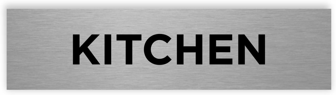 Slimline Aluminium Kitchen Door Sign from ViroDisplay® - Rigid Brushed Silver Aluminium 200 x 50mm - Durable Printed Surface - Self-Adhesive Fixing