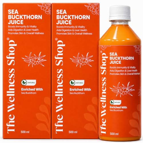 Image of The Wellness Shop Himalayan Sea Buckthorn Juice 500ml x2 | Cold Pressed Seabuckthorn Berry Pulp Concentrate with Natural Vitamin C Omega 3 6 7 9, Antioxidants | Supports Immunity Skin Glow Gut Health