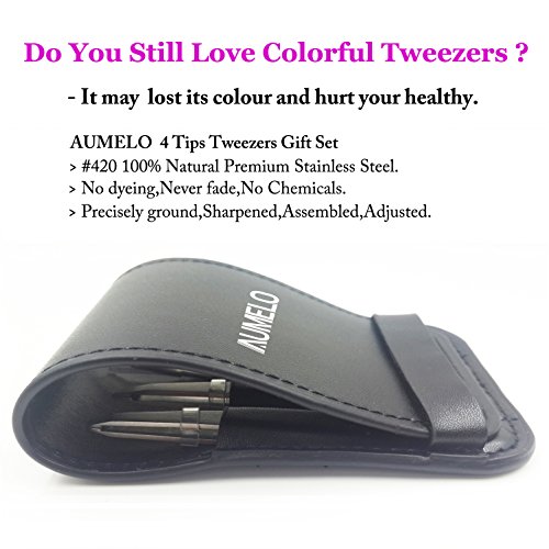 Tweezers Set 4-Piece Professional Stainless Steel Tweezers Gift With Travel Case By Aumelo - Best Precision Eyebrow And Splinter Ingrown Hair Removal Tweezer Tip,No Colored & Chemical Free #TOP5