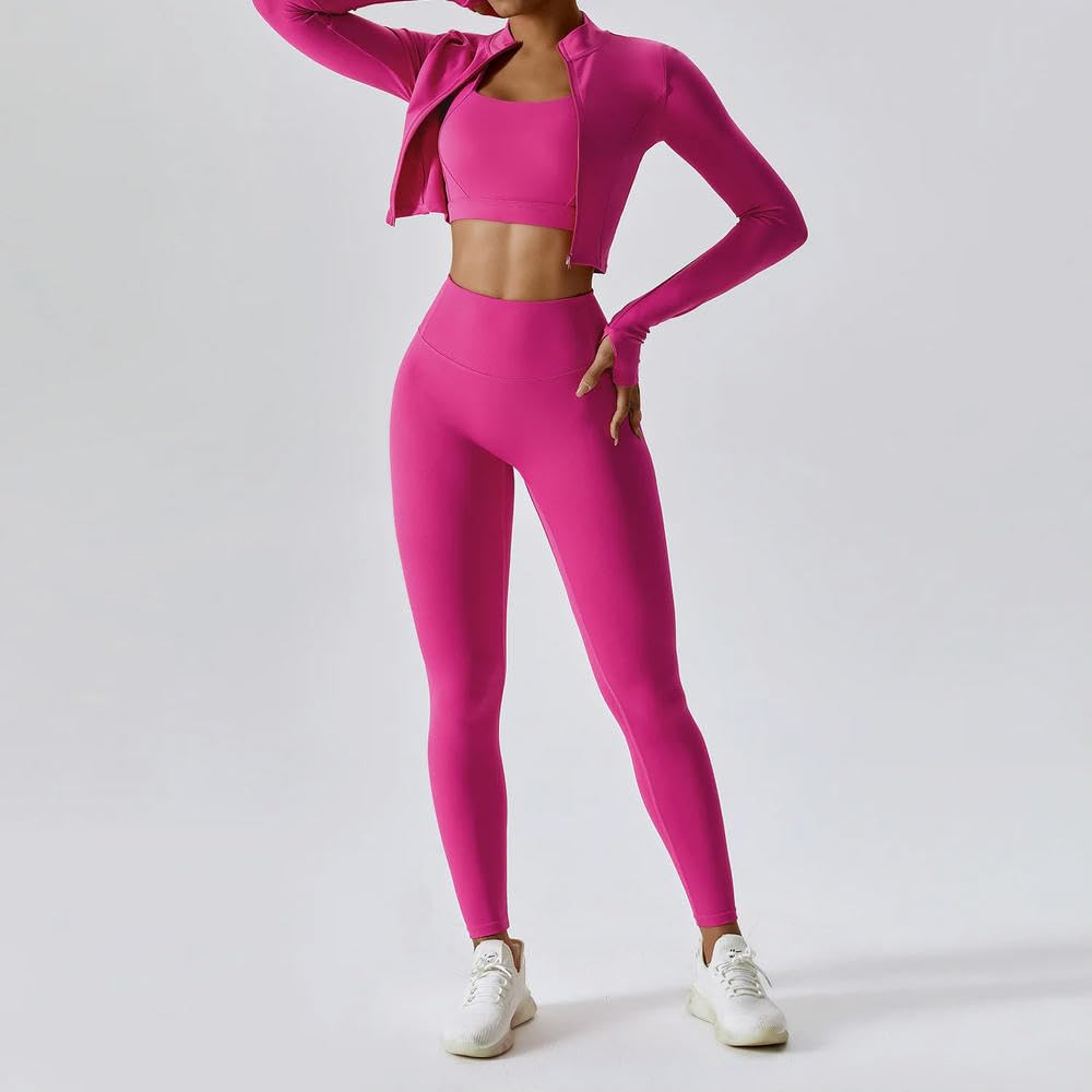 NYSDM 3PCS Yoga Set Donne Allenamento Set Abbigliamento Sportivo Palestra Abbigliamento Fitness Cerniera Manica Lunga Vita Alta Leggings Tute Sportive