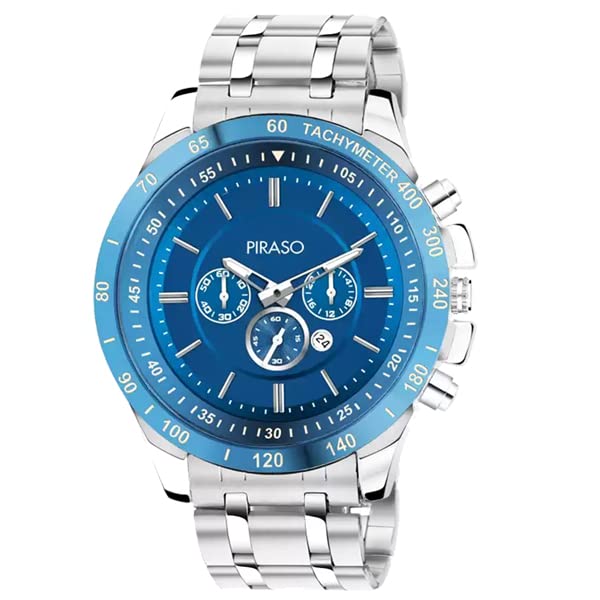 PIRASO Chrono Working Stunning Blue Dial with Date and Silver Stainless Steel Chain Analog Watch for Men Boys (B0B28RBL38) Amazon Price History, Amazon Price Tracker