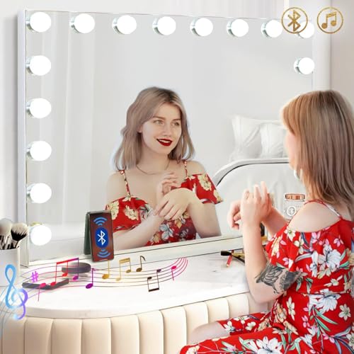 Hansong Vanity Mirror with Lights and Bluetooth Extra Large Hollywood Makeup Mirror with 18 pcs LED Bulbs Lighted Mirror with USB Charging,3 Color Lighting Modes Tabletop or Wall Mount
