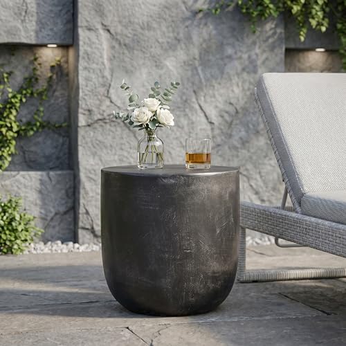 SPMETUYO Outdoor Side Table Patio Concrete Side Table Round Drum End Table Faux Stone Side Tables Travertine Small Coffee Tables, Garden Stool Plant Stand for Backyard, Cylindrical, Antique Black