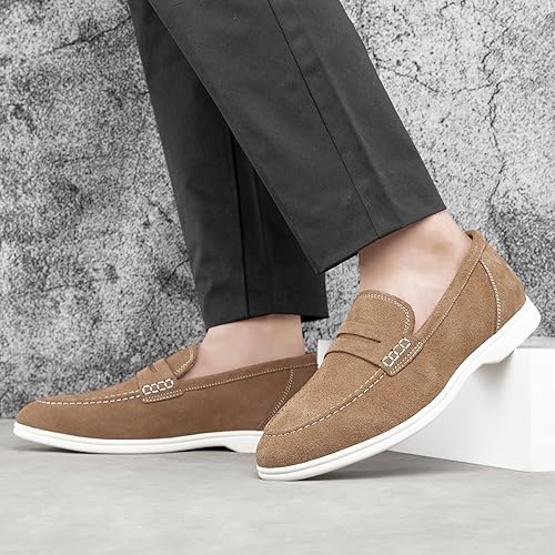 Image of Meijiana Men's Genuine Leather Loafers Slip-On Moccasins Suede Dress Shoes, Lightweight and Breathable with Rubber Sole Stylish Mens Loafers