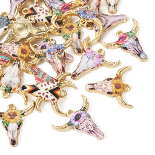 Cheriswelry 22pcs Cattle Head Metal Pendants Light Gold Alloy Enamel Dangle Charms Cow Necklace Pendants Colorful Hang Ornament 22x21mm for DIY Craft Earring Bracelet Jewelry Making