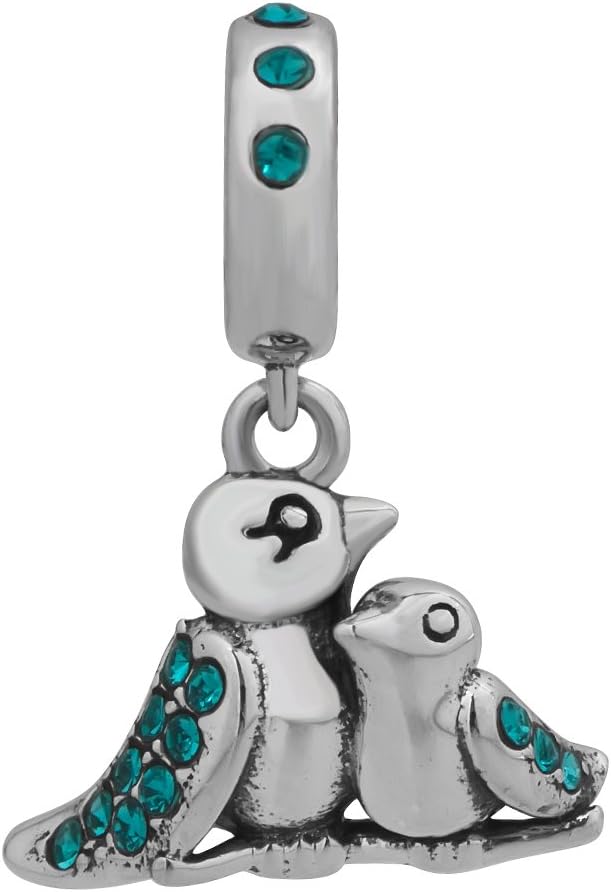 Blue Blue Zircon Charm Mother and Baby Birds 925 Sterling Silver Bead Fits European Charms