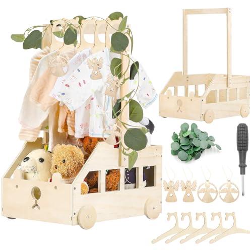 Babyparty Geschenk mit Holz Babykorb auf Rädern | Praktischer Baby Schrank mit Griff & 5 Regenbogen Puppenkleiderbügeln | Geschenkkorb für Babyshower (Rabbit)