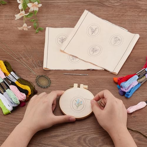 Image of ACRNIGHEET 6PCS Flower Embroidery Necklace DIY Mini Embroidery Kit Cross Stitch Necklace Pendant Embroidery Kit for Beginners Sewing Jewelry Embroidery Hoops and Necklace Chains Creative Gifts