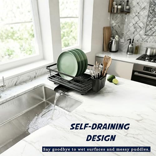 Image of flymore Dish Drying Rack with Cutlery Holder | Heavy Stainless Steel Kitchen Drying Rack with Drain Tray & Cutlery Holder | Countertop Utensils Stand - Sink Organization & Home Decor
