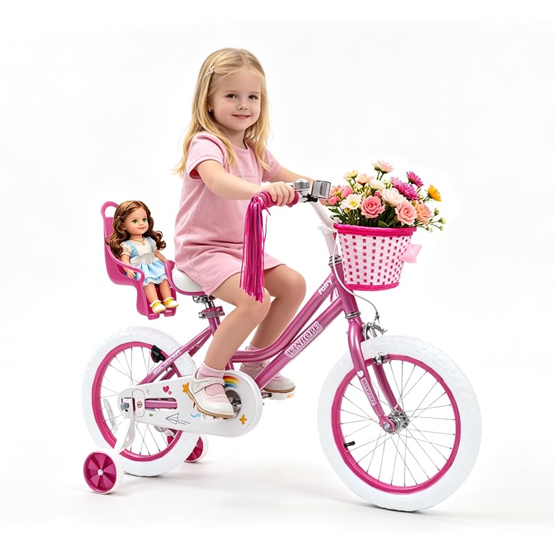 Image of WinHope Girls Bike with Doll Seat, 12 14 16 18 20 Inch Kids Bike for 2-12 | Dual Brake with Training Wheels / Kickstand & Streamers Birthday Gift for Toddler Outdoor Riding, Multiple Colors