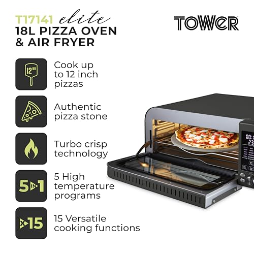 Tower T17141 Elite Pizza Oven with 5 High Temperature Programs, 15 Cooking Functions, Turbo Crisper, 18L, 2000W, Grey & Chrome