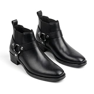 Men's/Womens Leather Ankle Boots with Low Heel Booties with Buckle Strap Lightweight Comfortable Trendy Outdoor Casual Shoes Slip On Chelsea Boots High Tops, Soft Cushioned Insole Trendy Stylish Boots For Party Travel Office Unisex (Black, Standard, UK Footwear Size System, Adult, Men, Numeric, Narrow, 6)