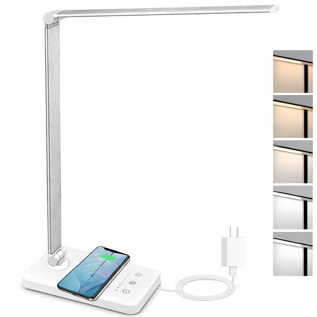 LED Desk Lamp with Wireless Charger & USB Charging Port,Dimmable Table Lamp Reading Lamp for Home Office,5 Color Modes,5 Brightness,Touch Lamp for Study、Office、Bedroom,30/60 Minutes Timer
