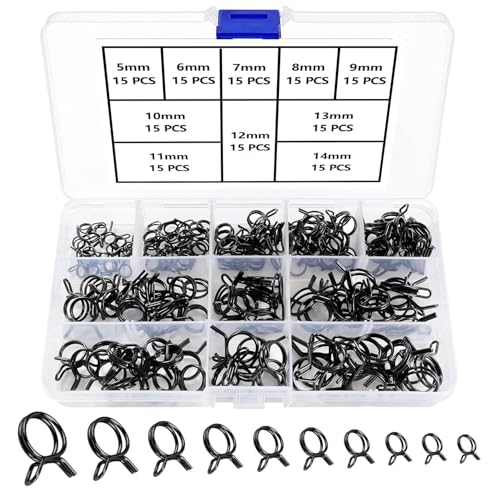 YIXISI 150 PCS 5-14 mm Fuel Hose Spring Clamps, Fuel Line Hose Clips, Tubing Spring Clamps Assortment Kit
