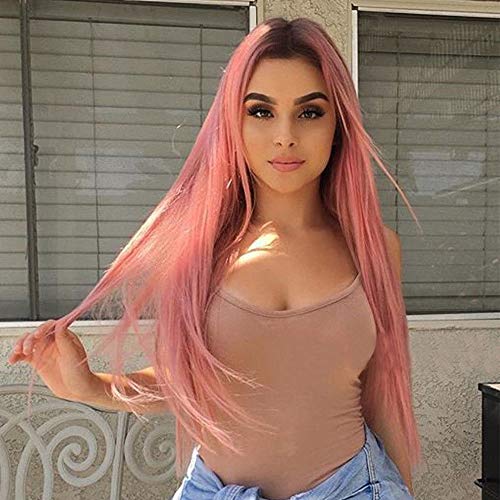 Stamped Glorious Long Ombre Pink Wig Straight Hair Wigs for Women Synthetic Middle Part Wig 26 Inch (R2/pink##)