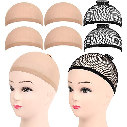 FANDAMEI 6 Pièces Cap de Perruque Bonnet Perruque Femme Nylon Wig Cap Élastique Chapeau de Perruque pour Femmes et Hommes 4 Cap de Perruque beige naturel en Nylon + 2 Noires Filet à Cheveux
