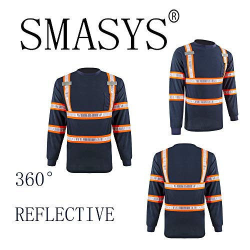 Smasys Reflective Safety Work Shirts - High Visibility Long Sleeve T Shirts Ansi With Pockets And Pvc Reflective Tape For Men,Women (Navy-Orange,Xl) #TOP3