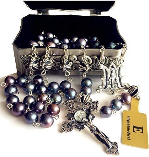 elegantmedical Black Pearl Bali Sterling Silver Cross Beads Catholic Rosary necklace box Mans Womens gift3