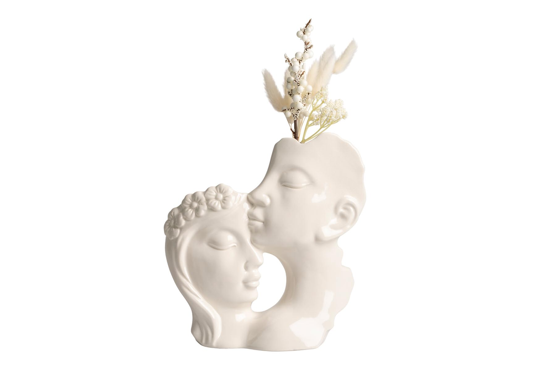 Vase en porcelaine couple baiser avec porte-fleurs blanc