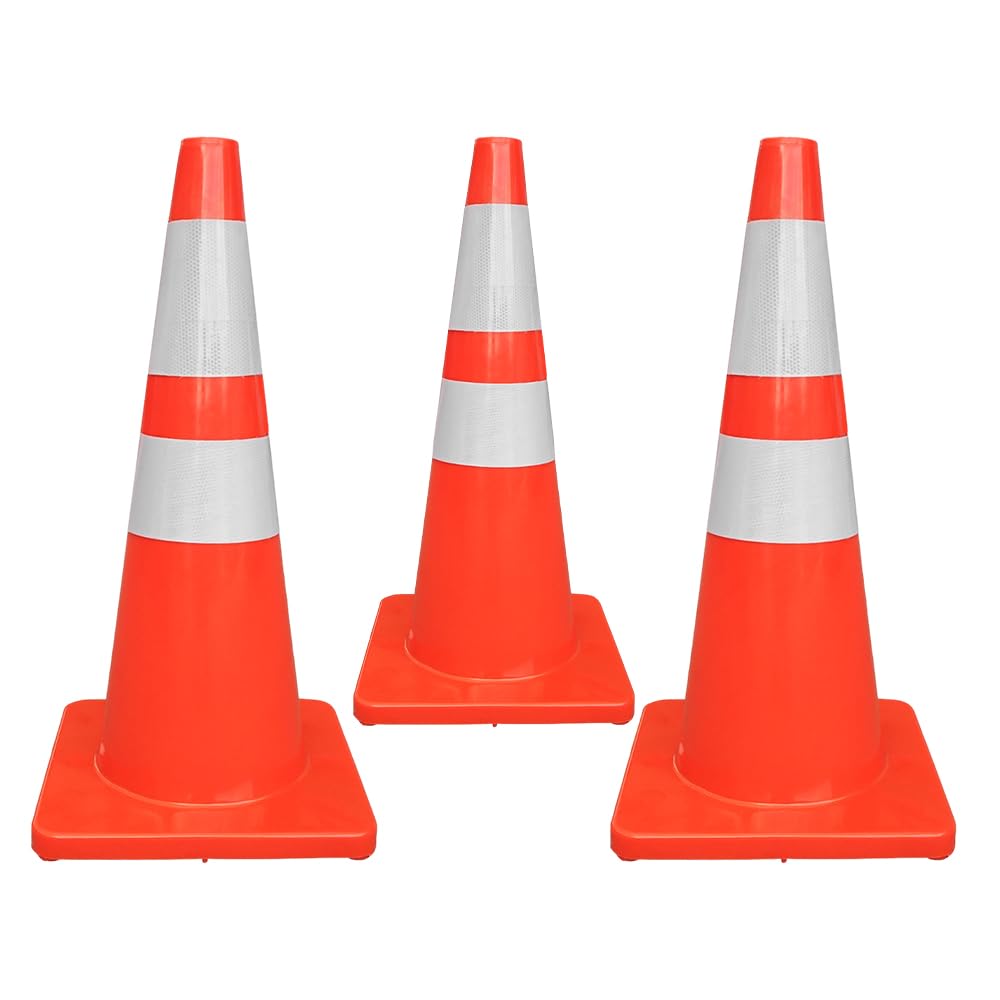 70CM PVC Traffic Safety Cone | Flexible Reflective Road Cone Orange | High Visibility Traffic Cone for Parking, Roadworks, Construction Sites, Driveways, Warehouses & Events - Set of 3