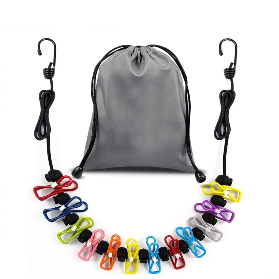 Portable Travel Clothesline with 12 Colorful Random Clips & Gray Storage Bag, Adjustable Elastic Retractable Clothes Washing Line, Heavy Duty Windproof Clothes Line for Camping, Travel, Balcony