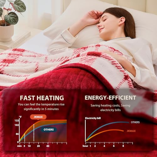 JKMAX Heated Electric Blanket Queen Size - 84"x90" Flannel Heating Blanket with 10 Heating Levels & 5 Time Settings Over-Heat Protection, Winter Warmer for Adults with ETL Certification(Red)