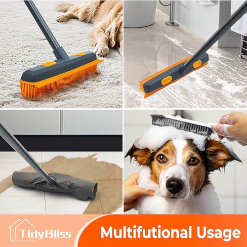 TidyBliss Gummibesen mit Stiel 146 cm, Besen Gummiborsten Tierhaare, SilikonBesen Innen mit Abzieher zum Entfernen von Tiere Katzen Hunde Haare von Teppichen, Fenstern (Orange)