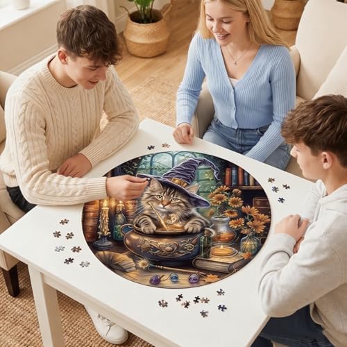 Kaayeewood Jigsaw Puzzles for Adults 1000 Pieces Witch Cat Puzzle Round Challenging Animal Puzzle Gifts for Game Night Room Decor 14+ - 3