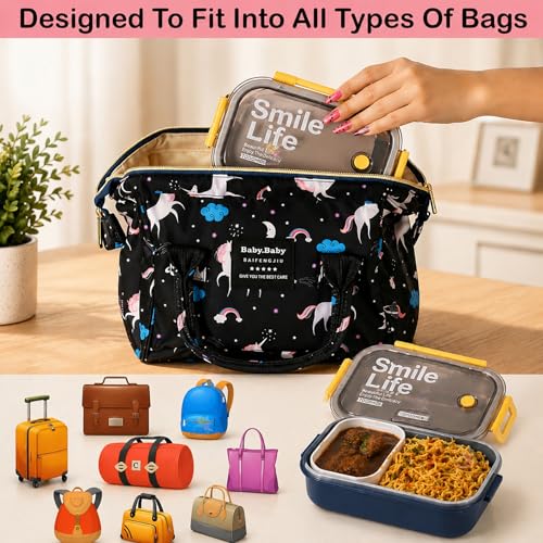 Image of WISHKEY Stainless Steel Lunch Box with Plastic Condiment Box for Kids & Adults, Air Tight Leak Proof Food Storage Container Stylish Tiffin Box Set for School & Office, 710 ml (Pack of 1, Blue)