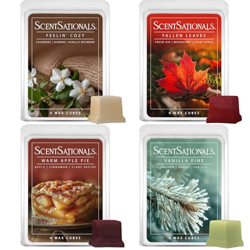 Scentsationals Fall Wax Melts - Harvest Home 4-Pack – Long Lasting Wax Cubes with Strong Scent for Warmers – Includes Warm Apple Pie, Vanilla Pine, Fallen Leaves & Feelin Cozy - 10oz (24-Cubes)